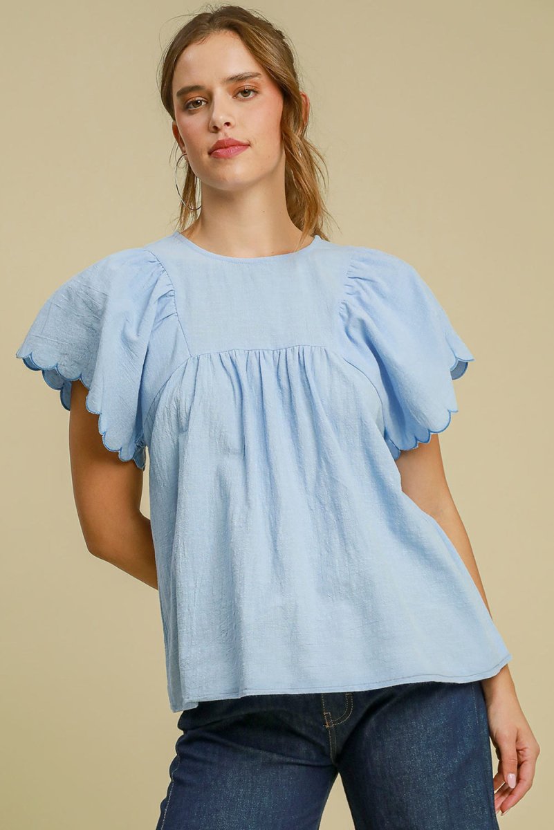 Beau Blue Solid Color Embroidered Scalloped Sleeves Crew Neck Blouse - Love Salve